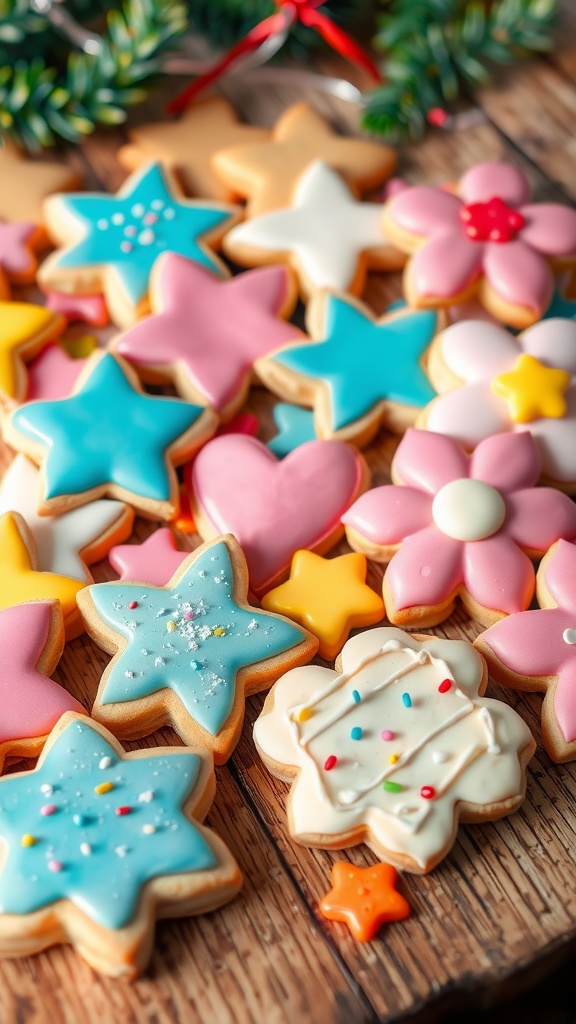 An assortment of decorated sugar cookies in different shapes, featuring colorful icing and sprinkles on a wooden table.